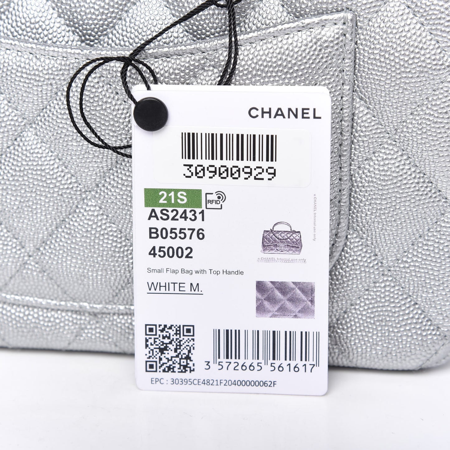 Metallic Caviar Quilted Mini Top Handle Rectangular Flap Silver
