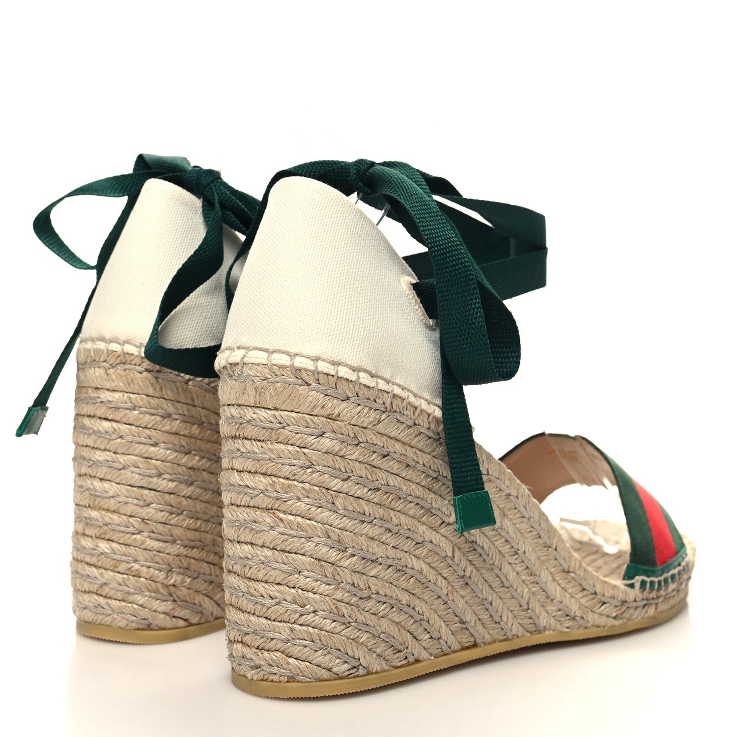 Gucci Canvas Malaga Kid Web Ankle Wrap Espadrille Wedge Sandals Mystic 42 Green Red Mystic White Emerald 4 of 10