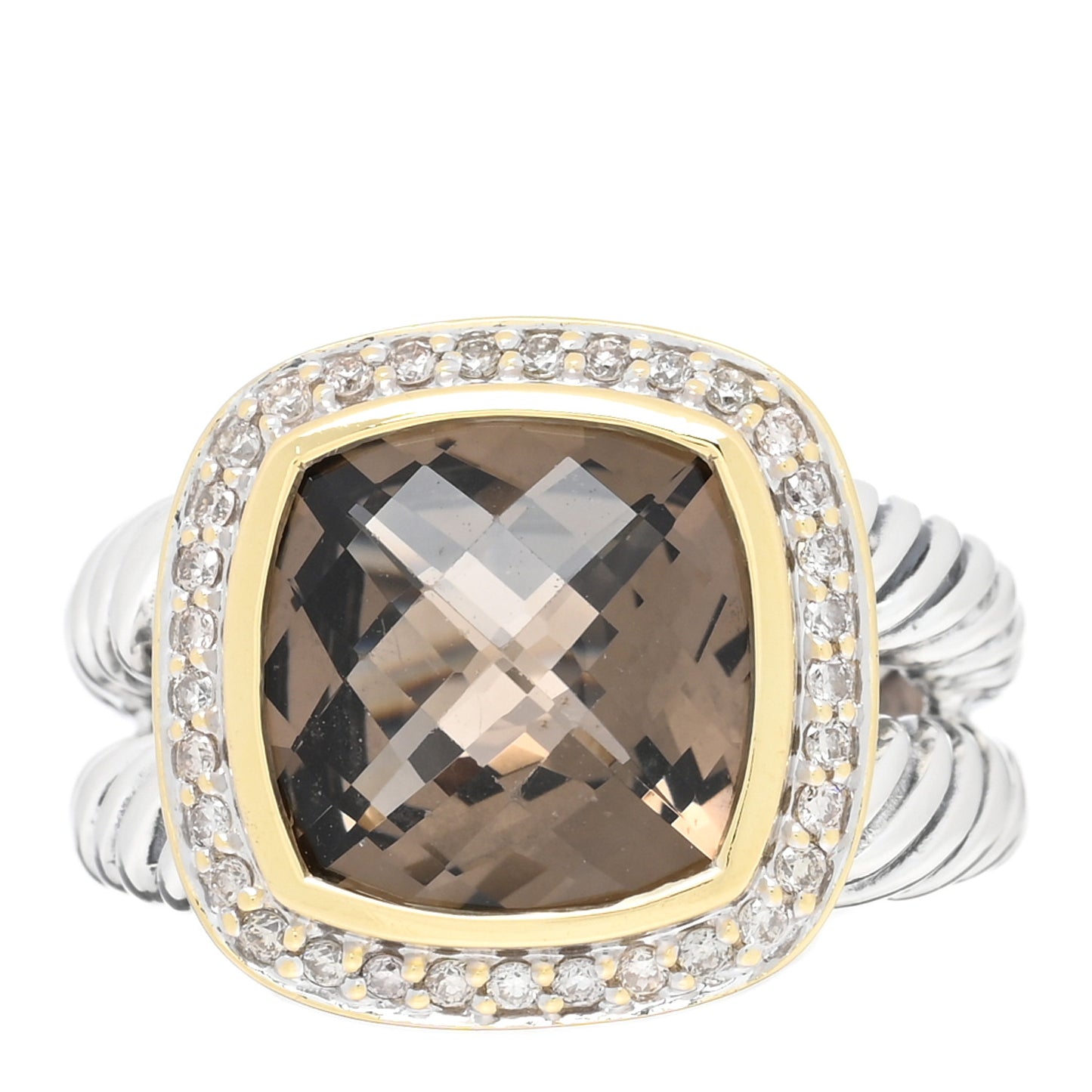 Sterling Silver 18K Yellow Gold Diamond Smoky Quartz 11mm Albion Ring 55 7.25