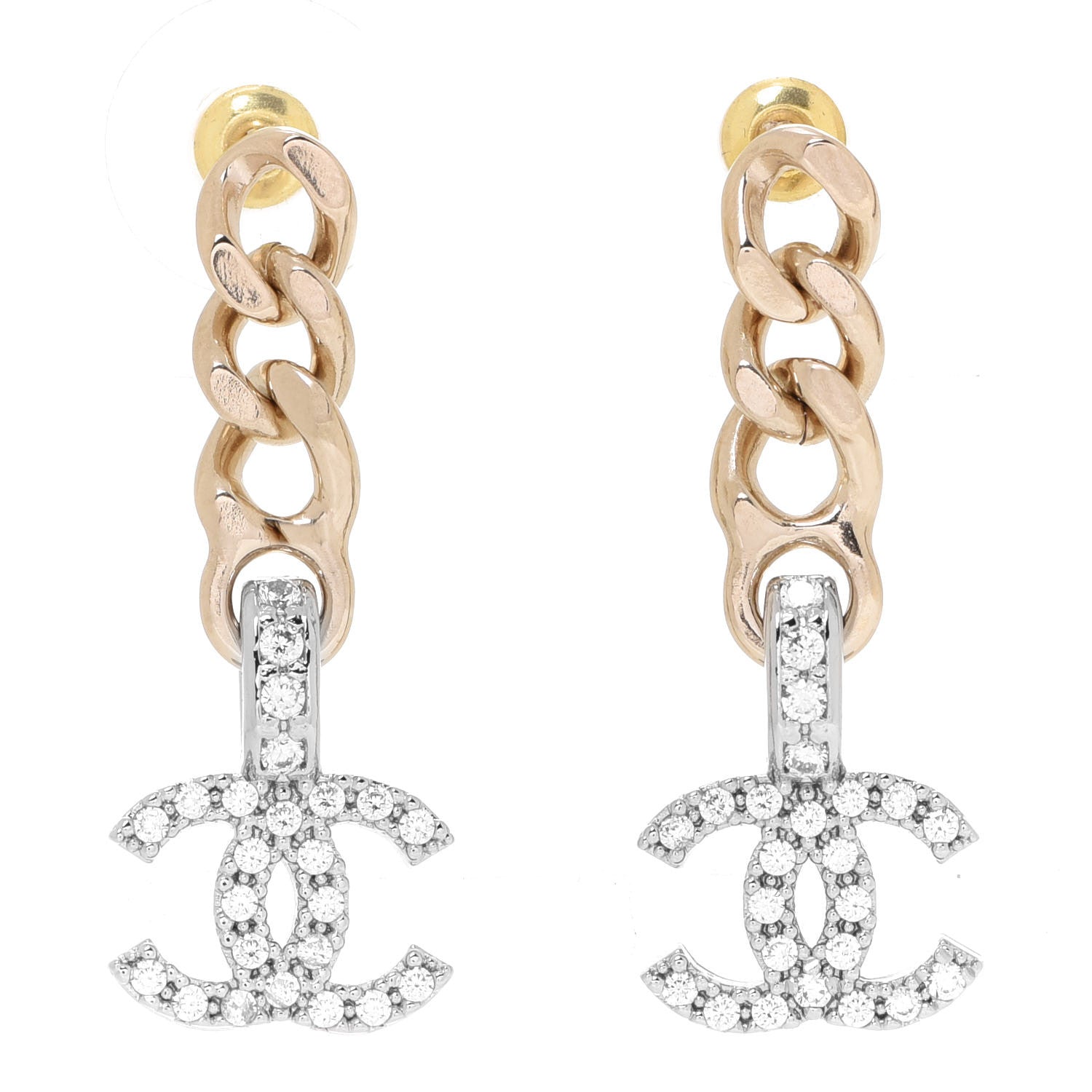 Chanel Metal Crystal CC Chain Drop Earrings Gold 1 of 4