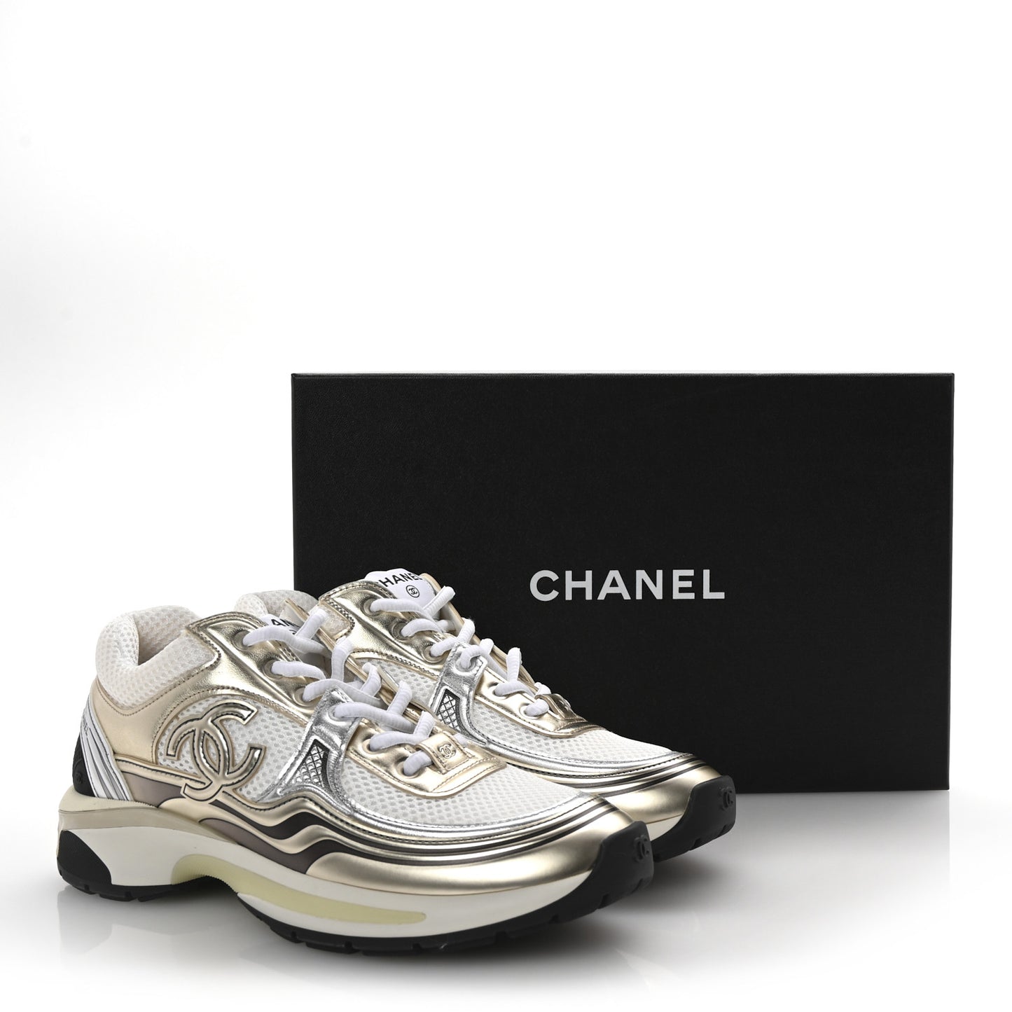 Fabric Laminated Calfskin Stretch CC Womens Sneakers 38.5 White Gold Silver