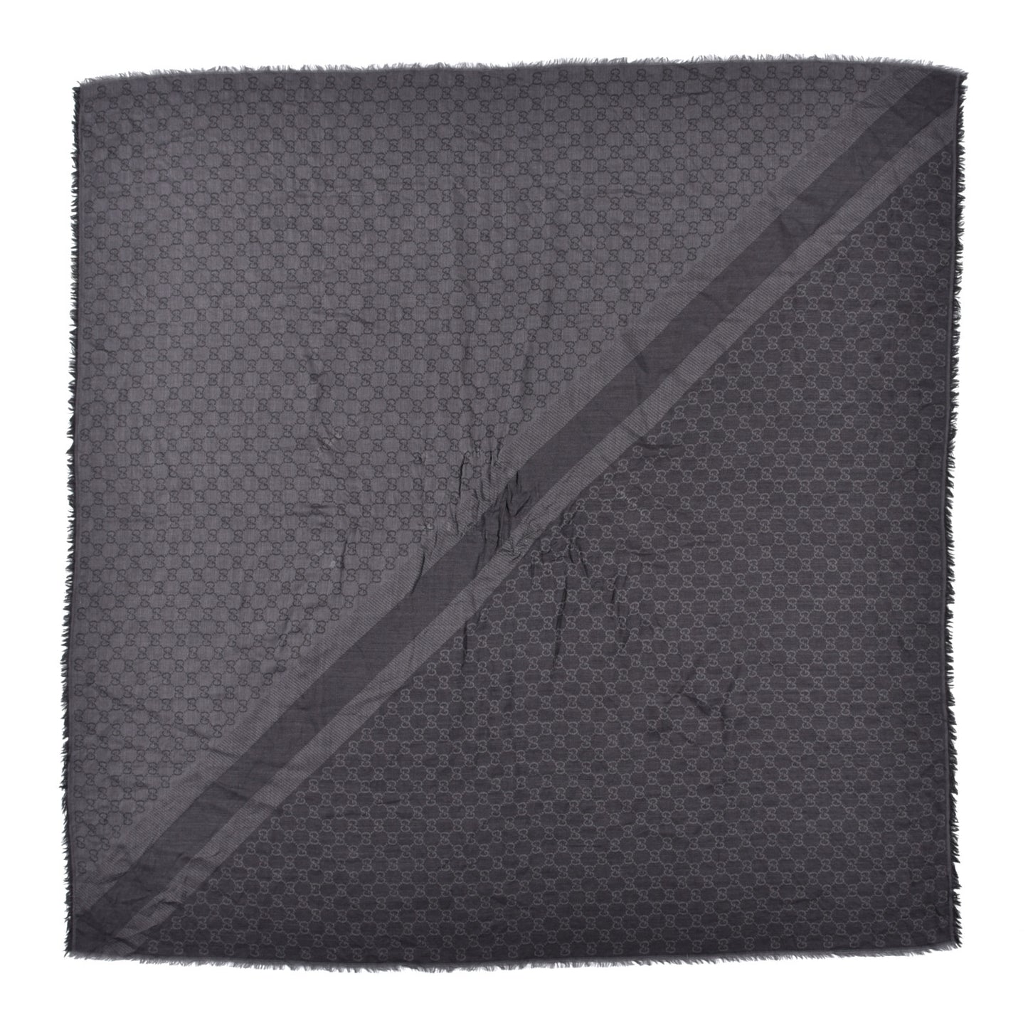 Wool Silk Monogram GGWeb Fringe Shawl Black Medium Grey