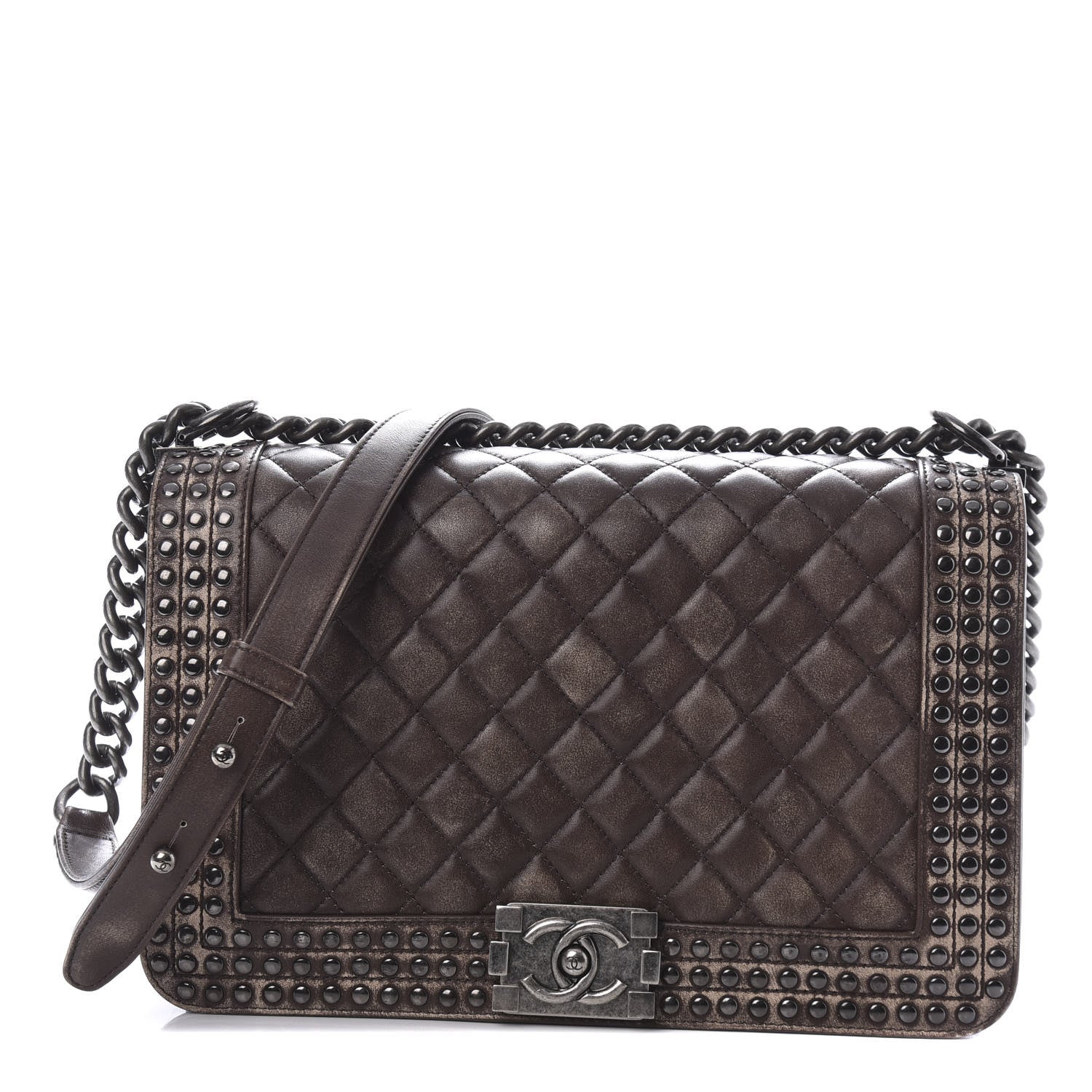 Chanel Faded Calfskin Quilted Large Studded Boy Flap Brown Beige 1 of 11