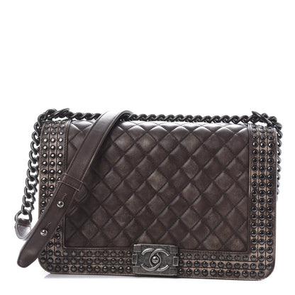 Chanel Faded Calfskin Quilted Large Studded Boy Flap Brown Beige 1 of 11