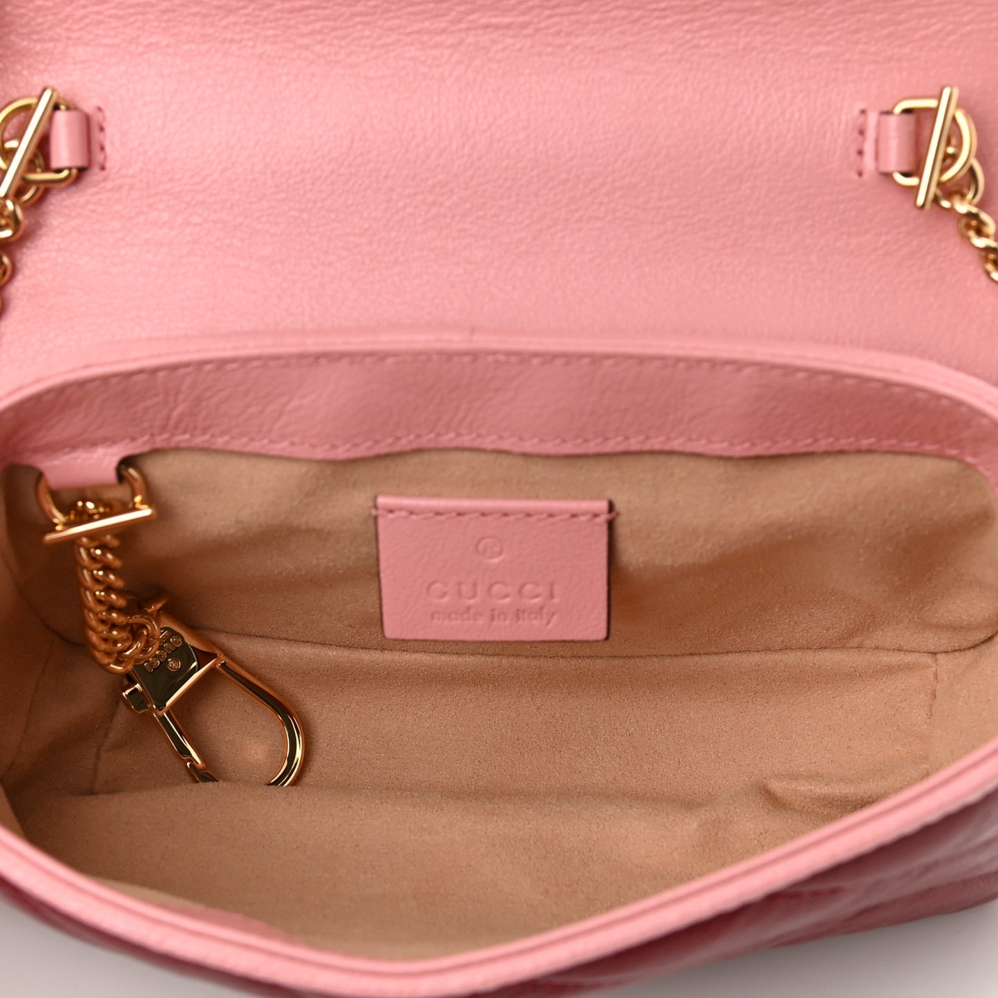 Azalea Calfskin Enamel Matelasse Diagonal Super Mini Torchon GG Marmont Shoulder Bag New Cherry Red Wild Rose