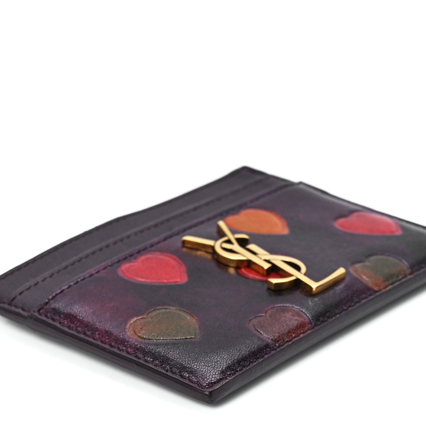 Lambskin Heart Embossed Monogram Card Case Vintage Cognac