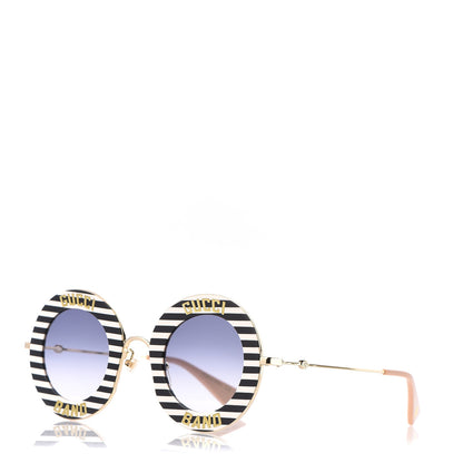 Gucci Metal Acetate Striped Gucci Band Round Frame Sunglasses GG0113S Black White 1 of 6