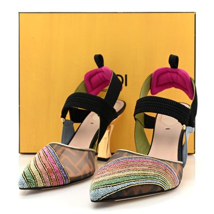 Fendi Technical Mesh FF Rainbow Beaded Colibri 85mm Slingback Pumps 38.5 Tobacco Black Multicolor 8 of 8