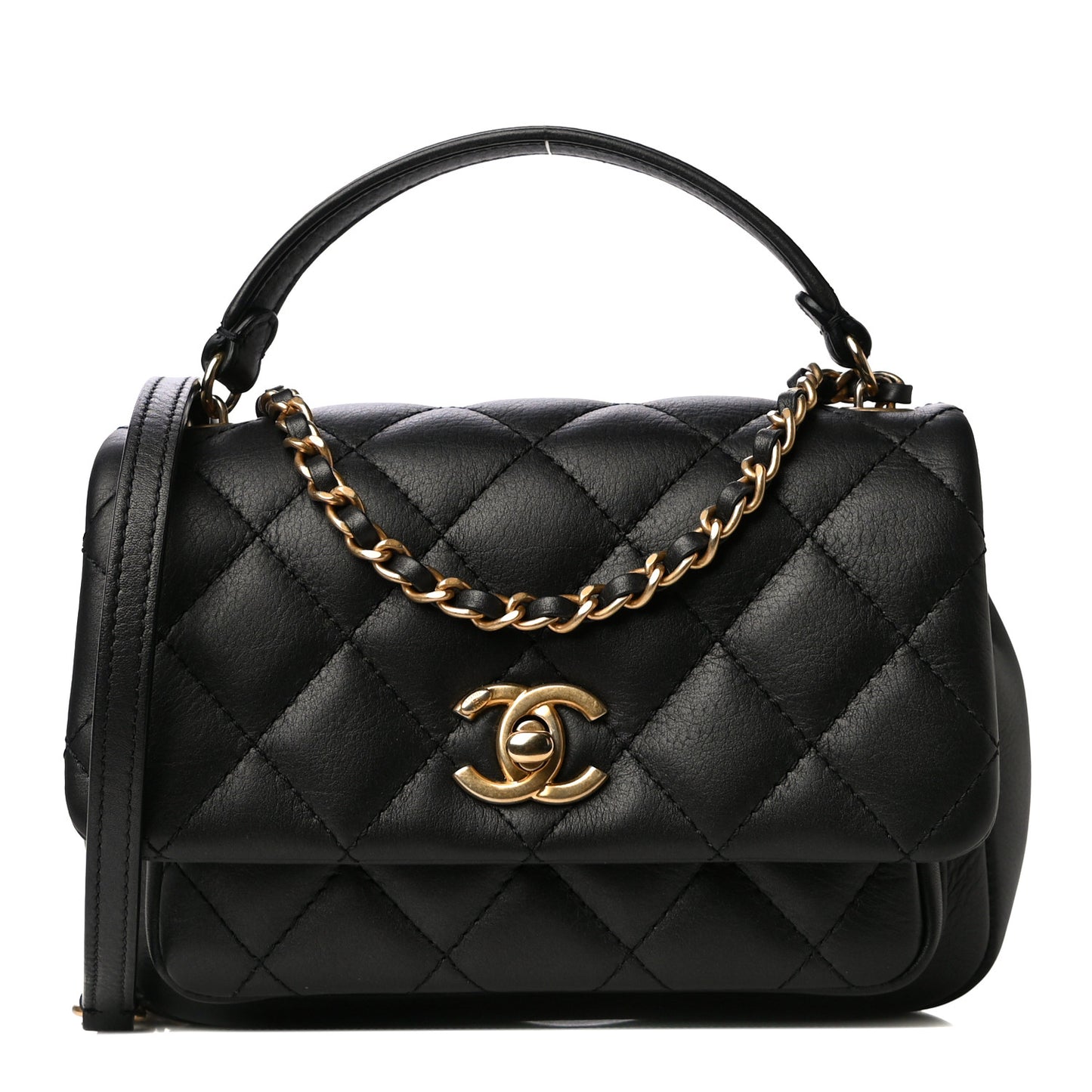 Calfskin Quilted Top Handle Flap Black