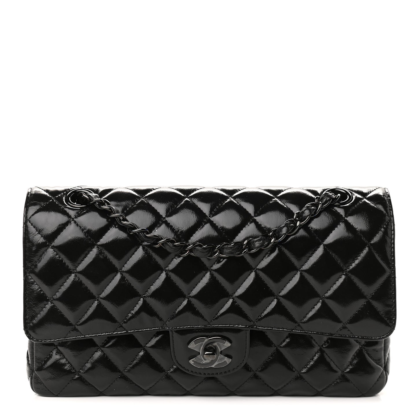 Shiny Crumpled Calfskin Quilted Medium Double Flap So Black