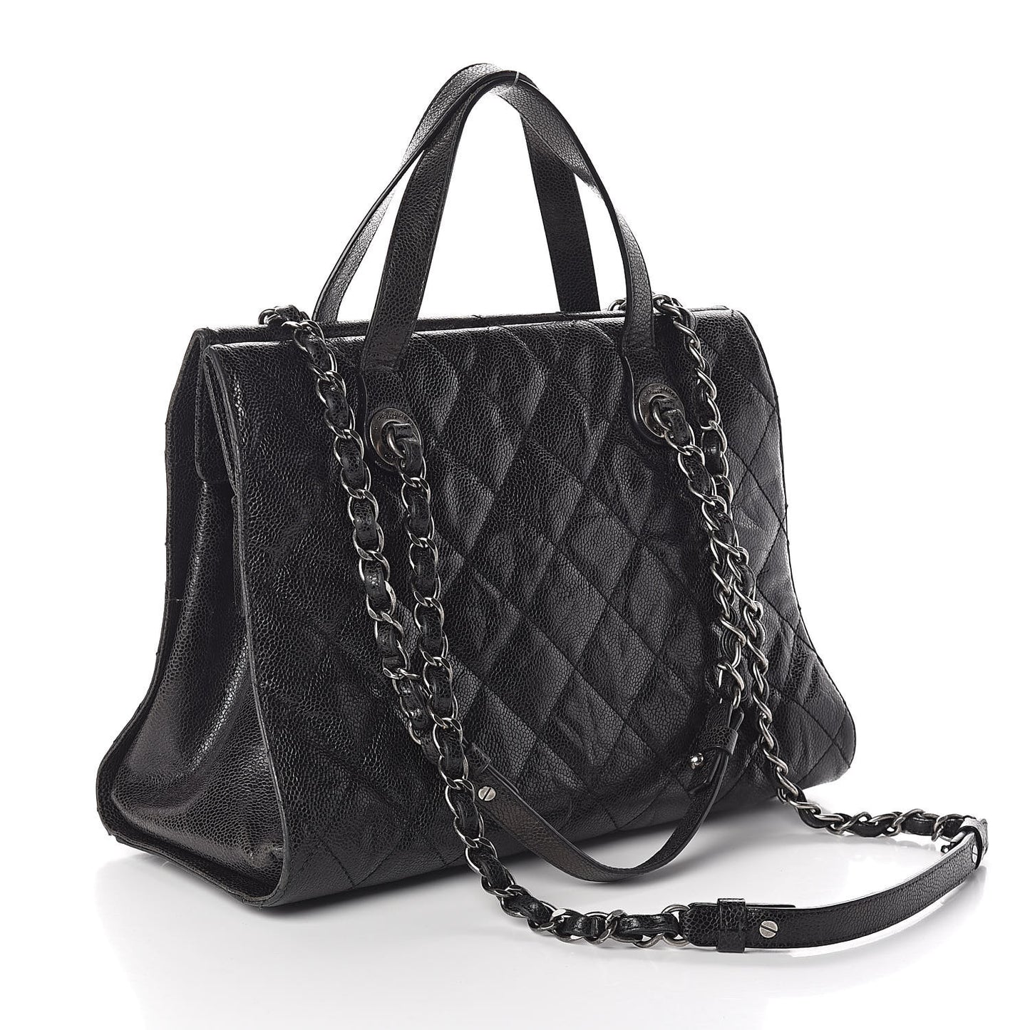 Crumpled Grained Calfskin Quilted CC Crave Tote Black