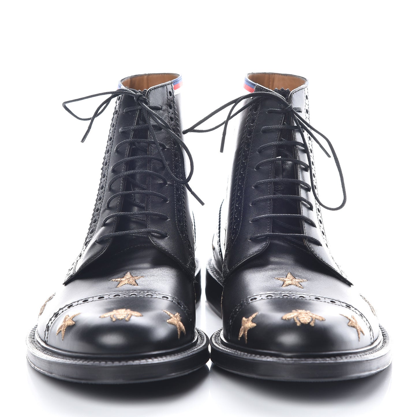 Calfskin Sylvie Web Bee Star Embroidered Mens Brogue Captoe Boots 8 Black