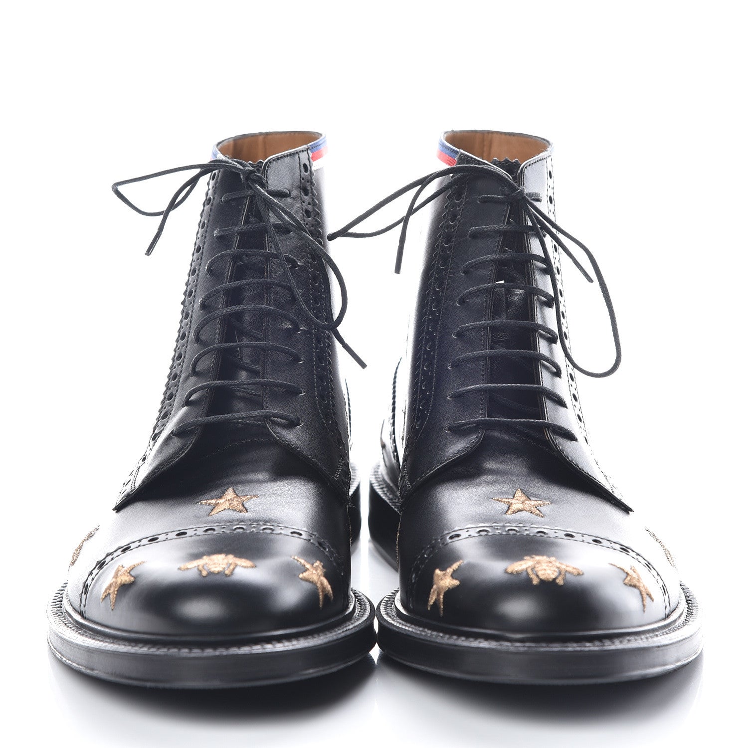 Gucci Calfskin Sylvie Web Bee Star Embroidered Mens Brogue Captoe Boots 8 Black 2 of 9
