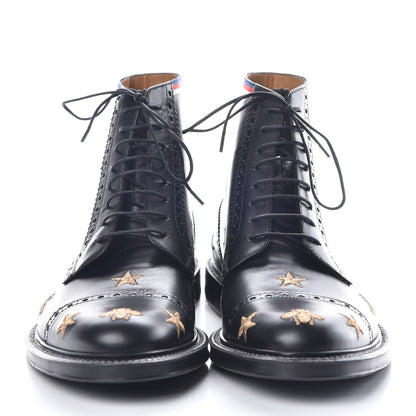 Gucci Calfskin Sylvie Web Bee Star Embroidered Mens Brogue Captoe Boots 8 Black 2 of 9
