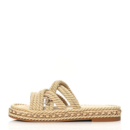 Chanel Cord Lambskin Chain Slide Sandals 38 Beige 1 of 8