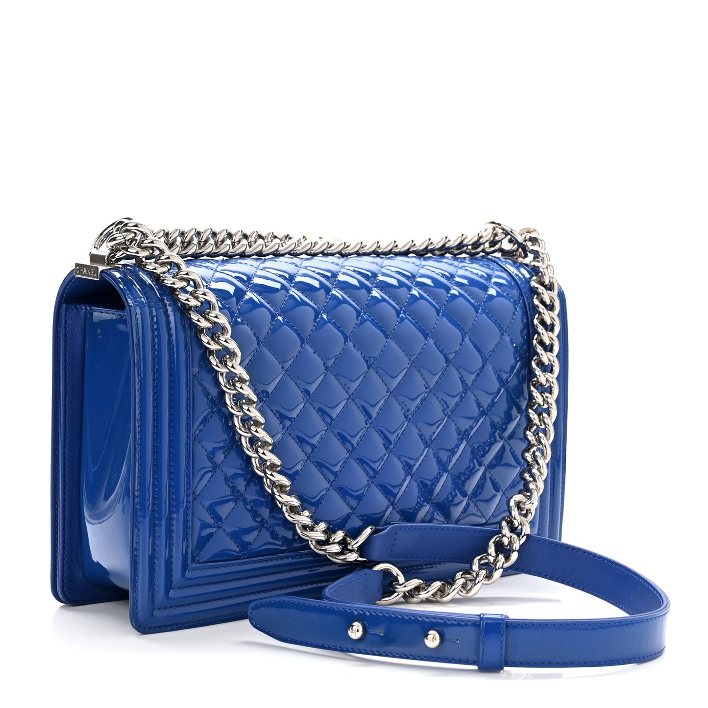 Patent Calfskin Quilted New Medium Plexiglass Boy Flap Blue