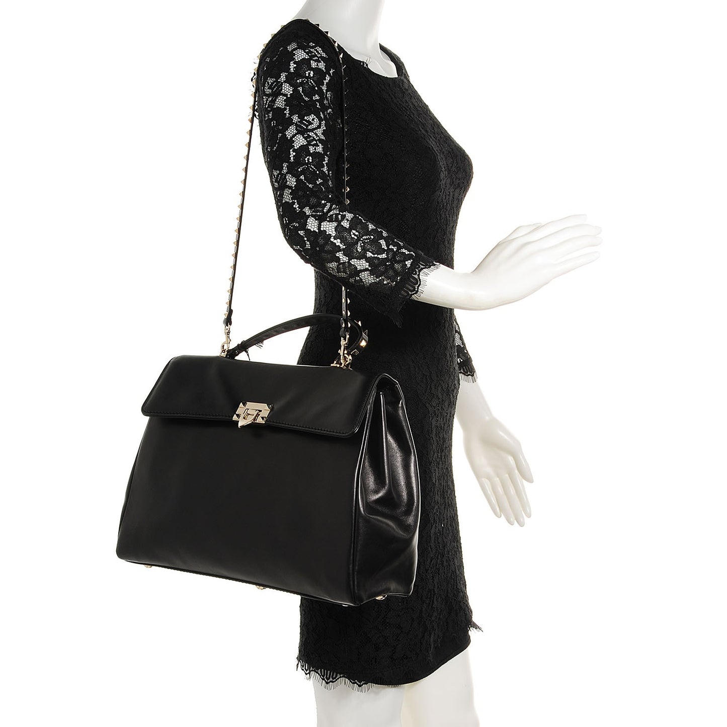 Vitello Large Rockstud Single Handle Flap Satchel Black