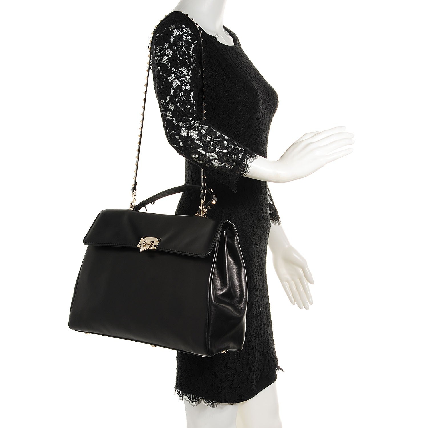Valentino Garavani Vitello Large Rockstud Single Handle Flap Satchel Black 2 of 8