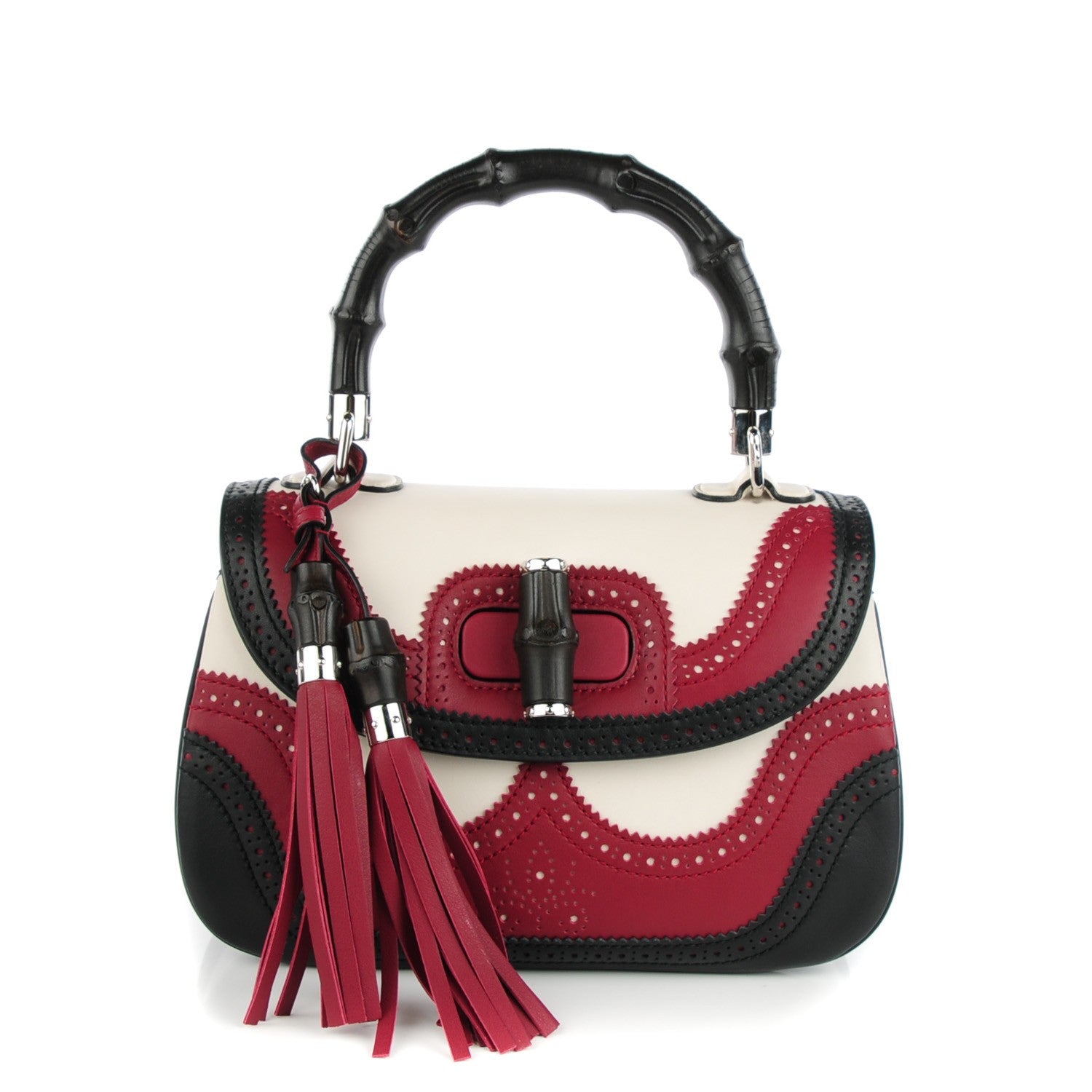 Gucci Calfskin Medium New Bamboo Top Handle Bag Bordeaux Black White 1 of 8