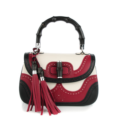 Gucci Calfskin Medium New Bamboo Top Handle Bag Bordeaux Black White 1 of 8