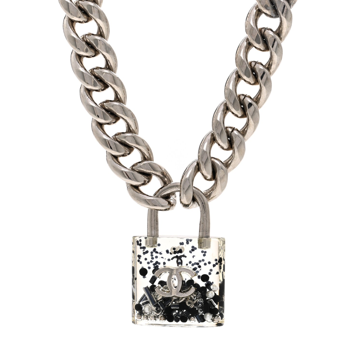 Resin CC Oversized Padlock Chain Necklace Silver Pearly White