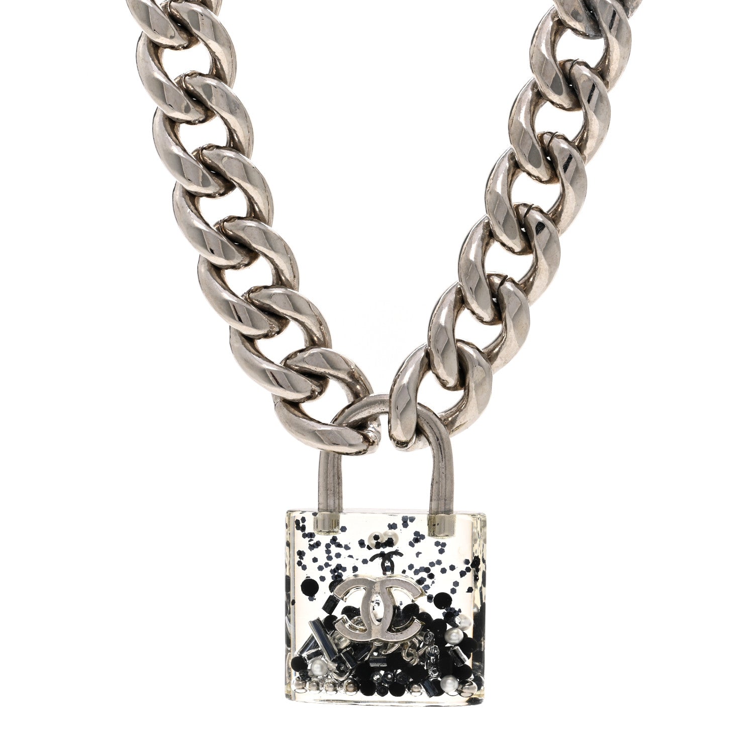 Chanel Resin CC Oversized Padlock Chain Necklace Silver Pearly White 4 of 5