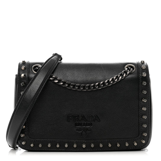 Glace Calfskin Studded Crossbody Black