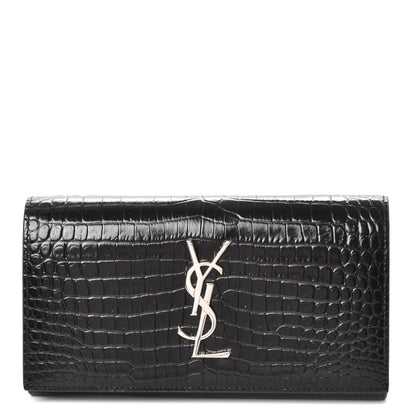 Saint Laurent Calfskin Crocodile Embossed Large Monogram Flap Wallet Black 1 of 7