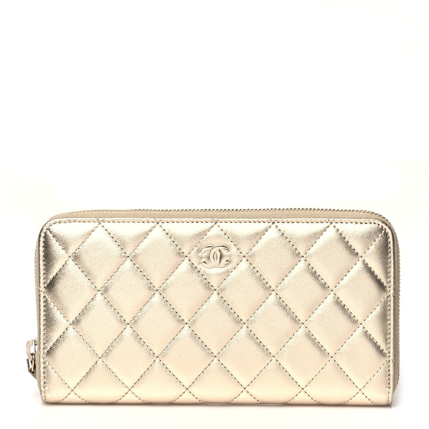 Metallic Lambskin Quilted Large Gusset Zip Around Wallet Gold