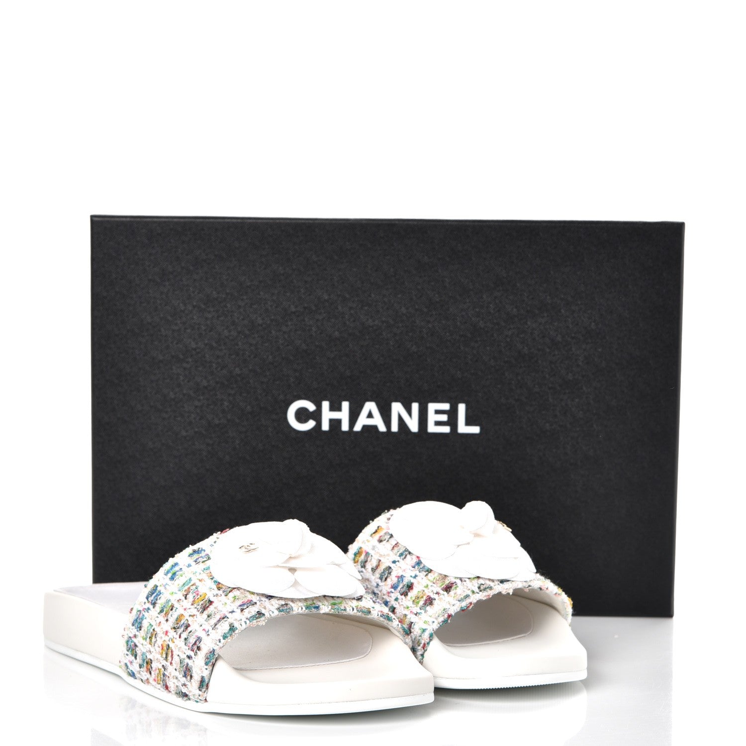 Chanel Tweed Grosgrain Camellia CC Flat Mules 38 Ecru Green Ivory 10 of 10
