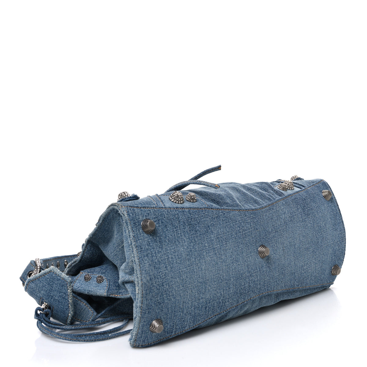 Washed Frayed Denim Crystal Neo Cagole City Handbag Blue