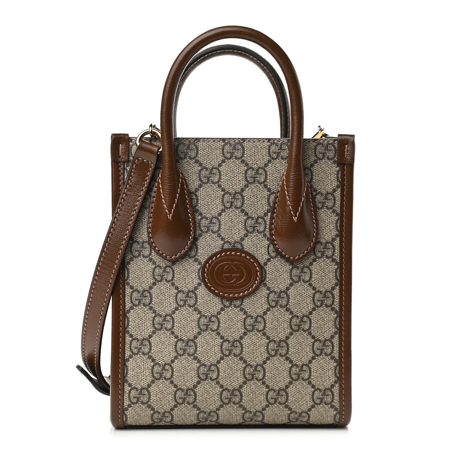 GG Supreme Monogram Azalea Calfskin Mini Retro Interlocking G Tote Bag Beige Ebony Brown Sugar