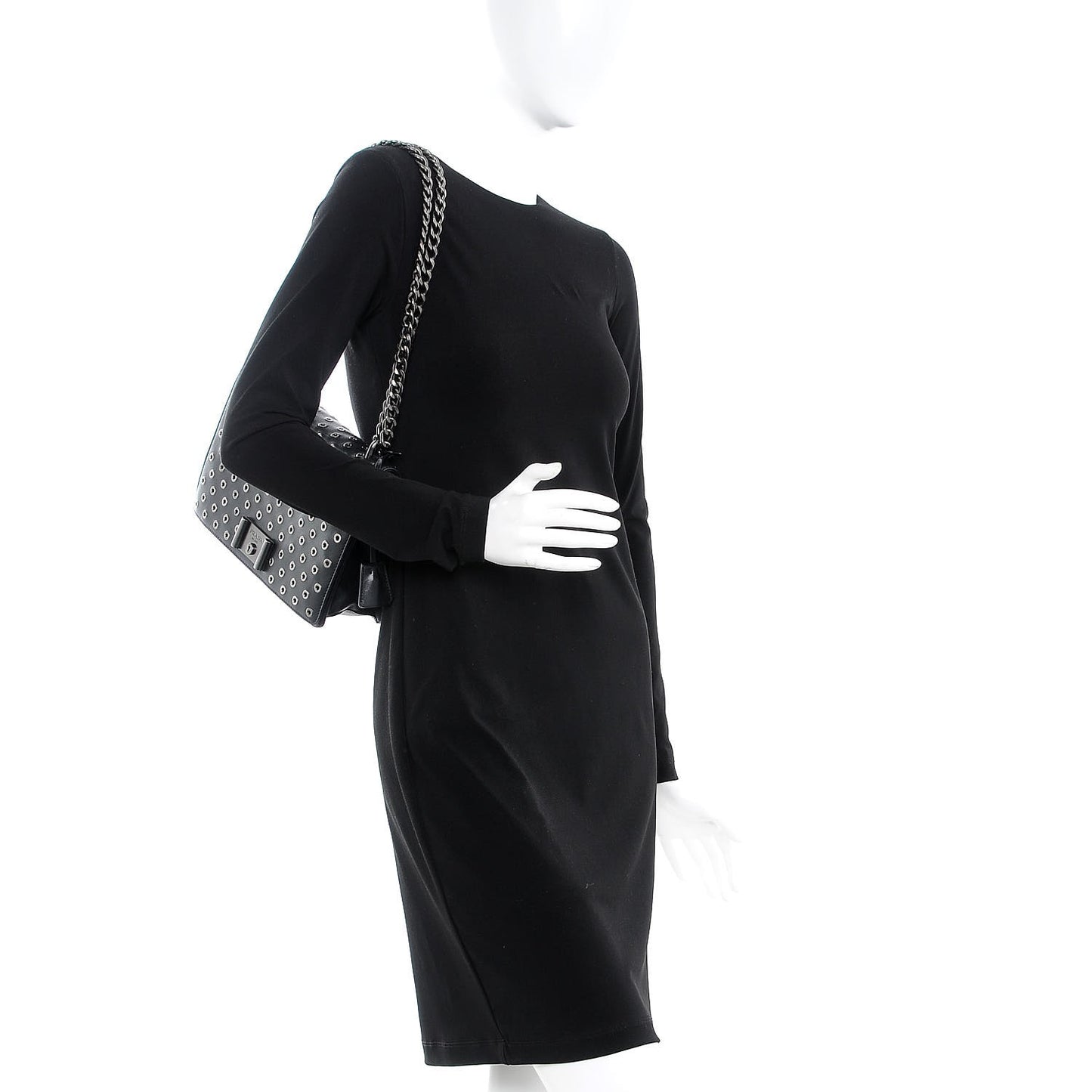 Soft Calf Grommet Lock Flap Chain Shoulder Bag Black