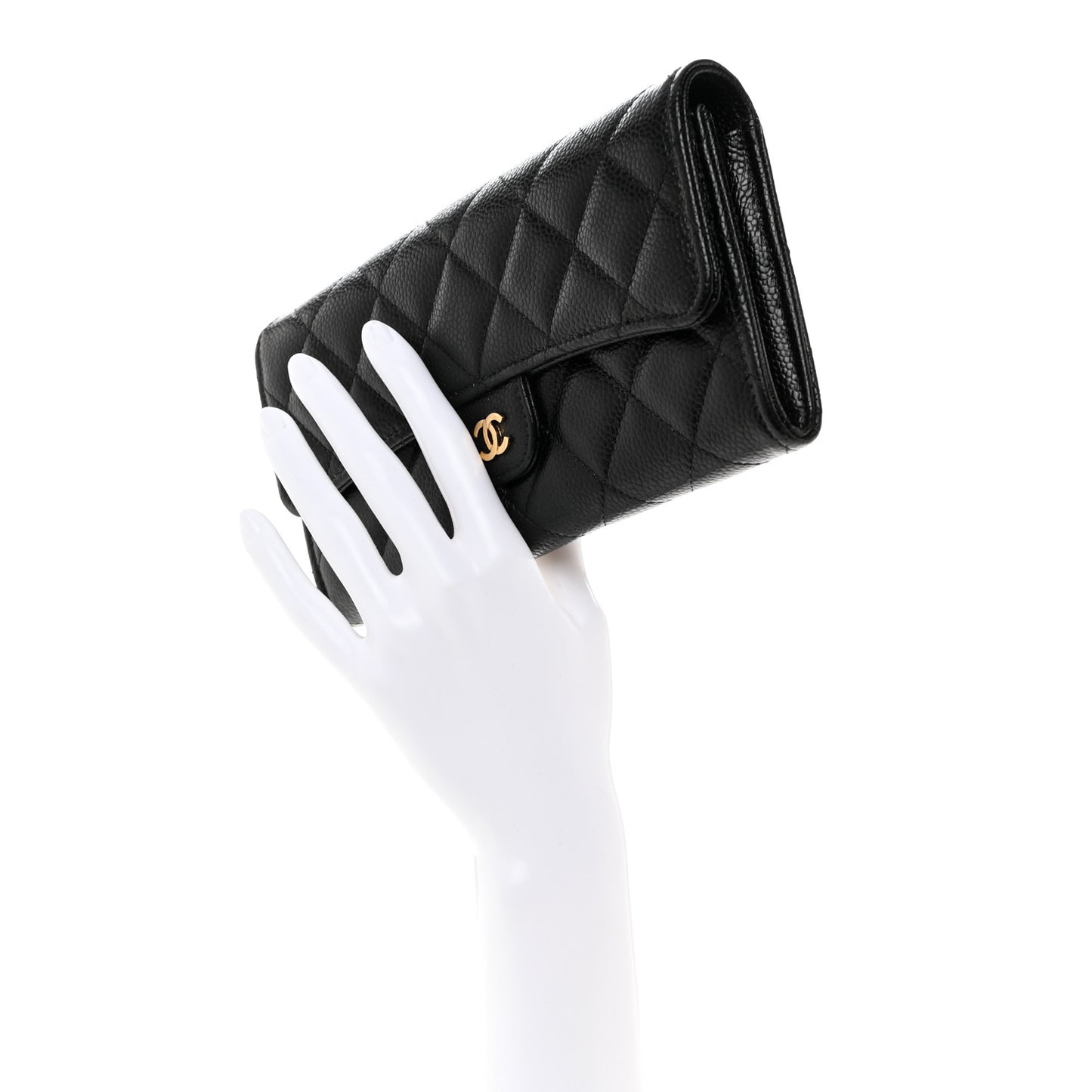Caviar Quilted Large Gusset Flap Wallet Black