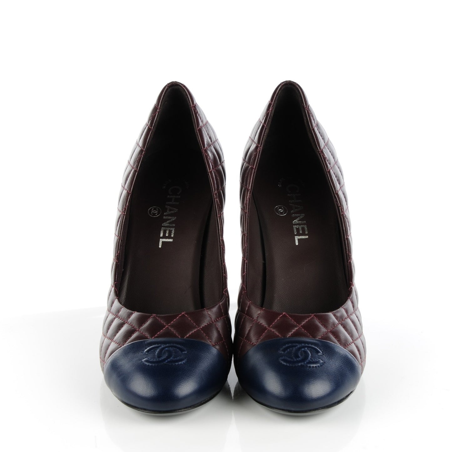 Lambskin Quilted Cap Toe Pumps 42 Burgundy Navy