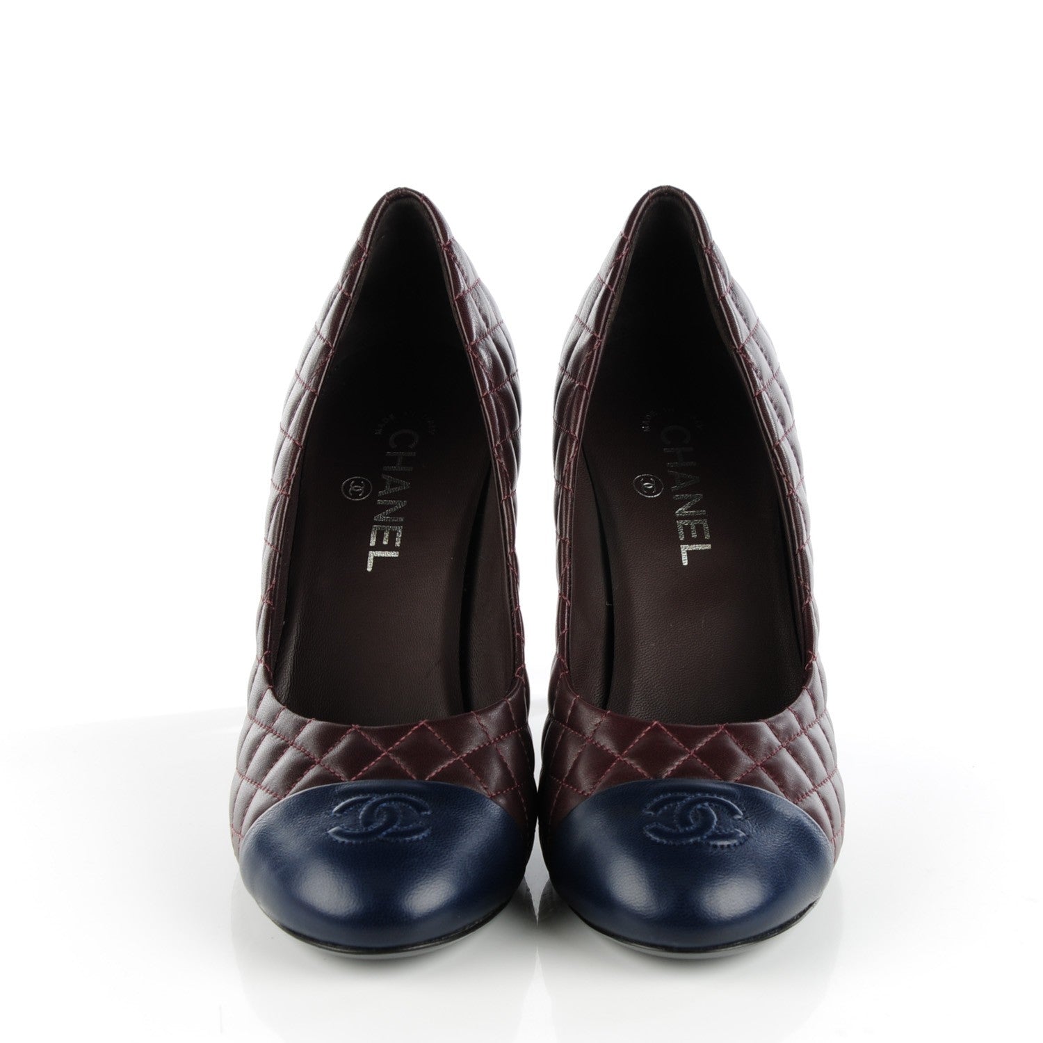 Chanel Lambskin Quilted Cap Toe Pumps 42 Burgundy Navy 2 of 8