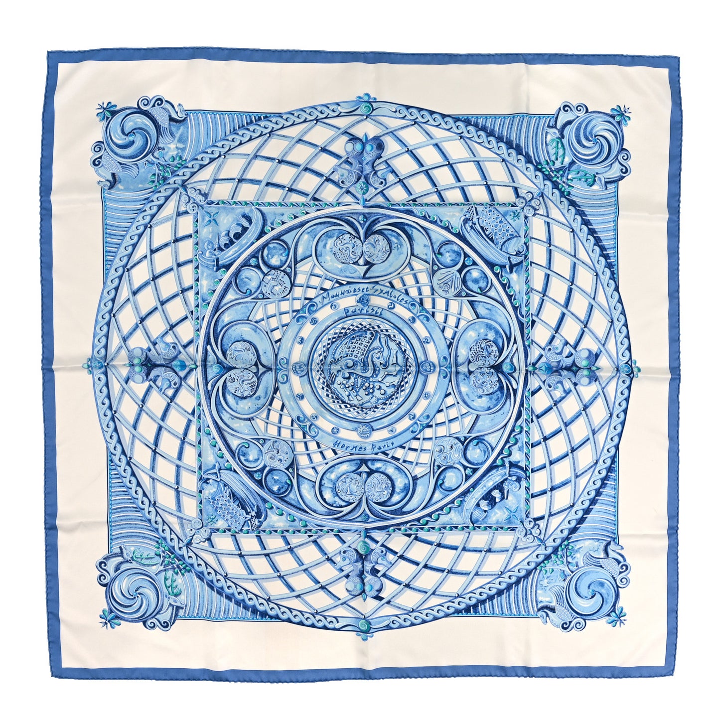 Silk Monnaies Et Symboles De Parisii Scarf 90 Light Blue Grey Chartreuse