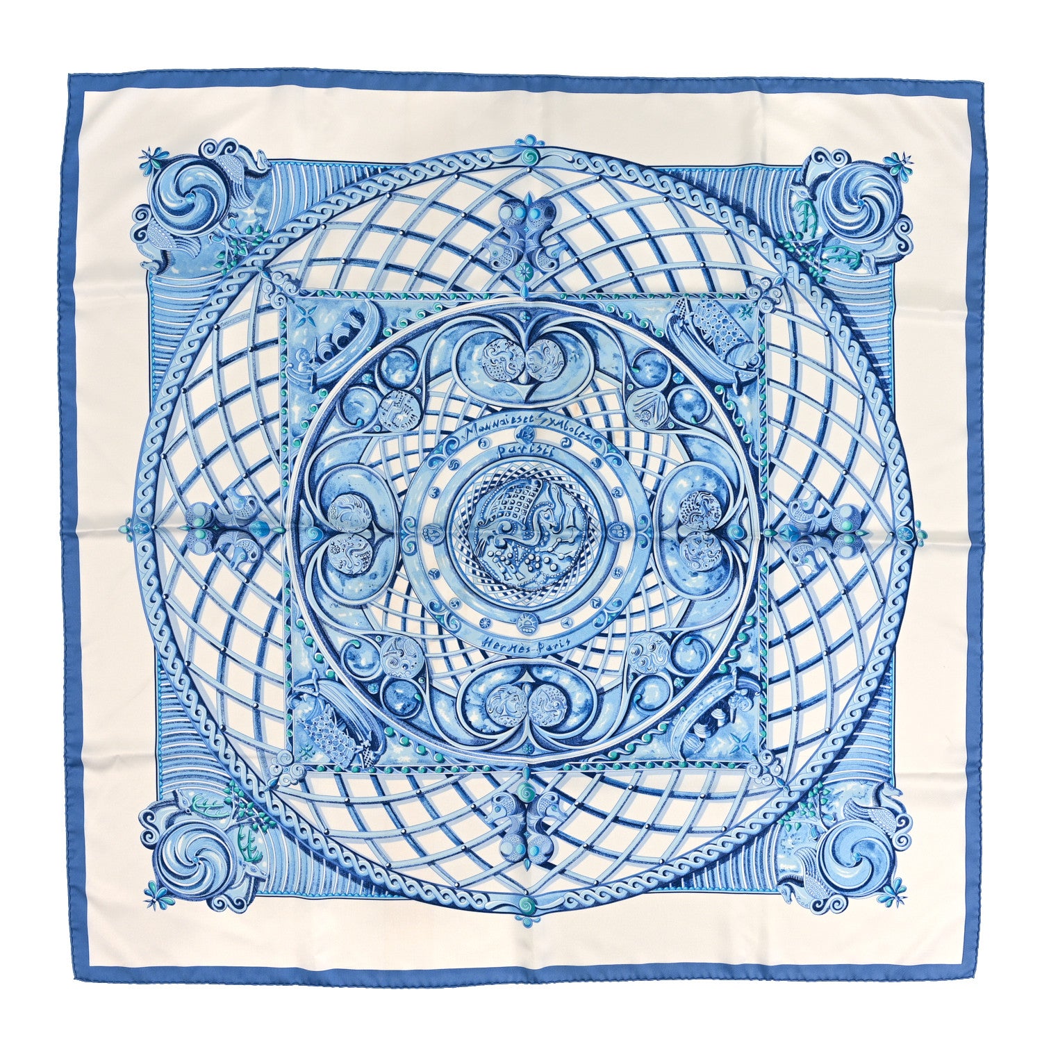 Hermes Silk Monnaies Et Symboles De Parisii Scarf 90 Light Blue Grey Chartreuse 1 of 3