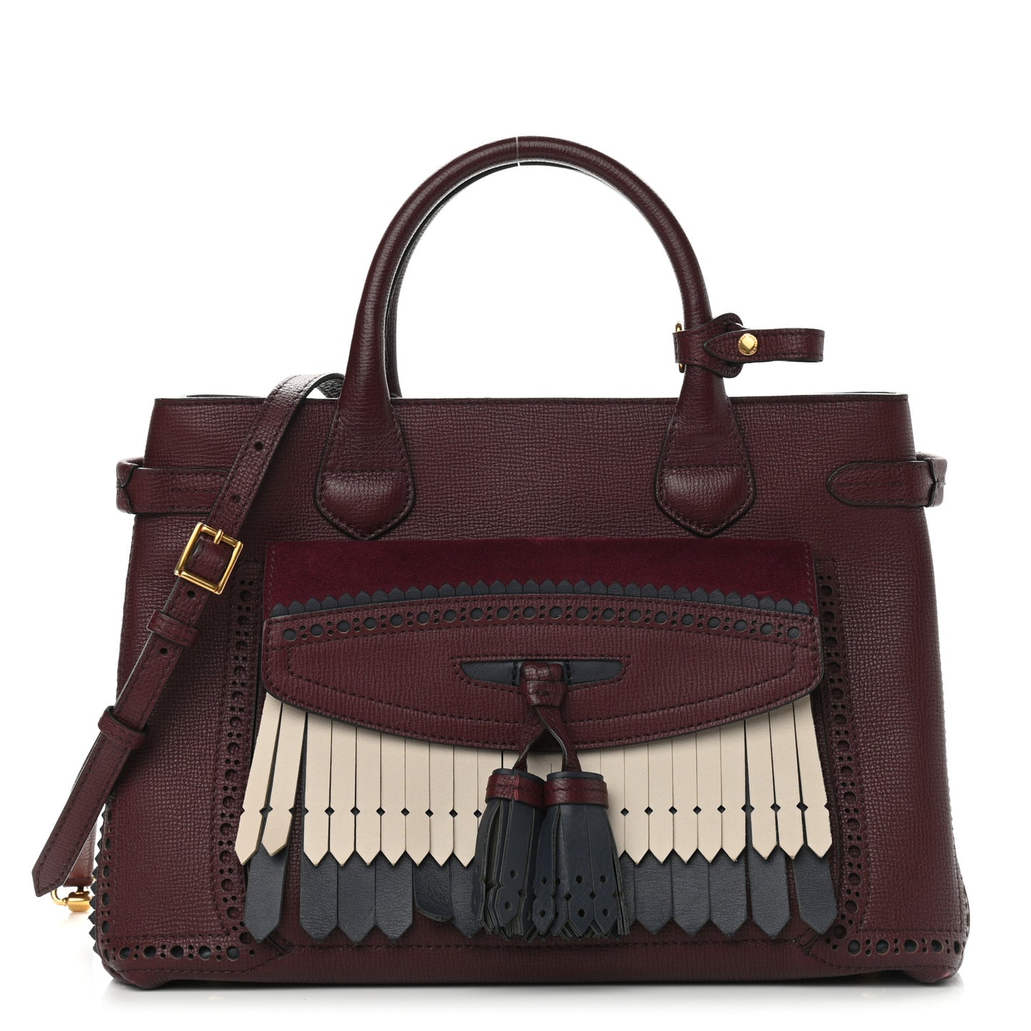 Grainy Calfskin Perforated Medium Broguing Tassel Banner Tote Mahogany Red