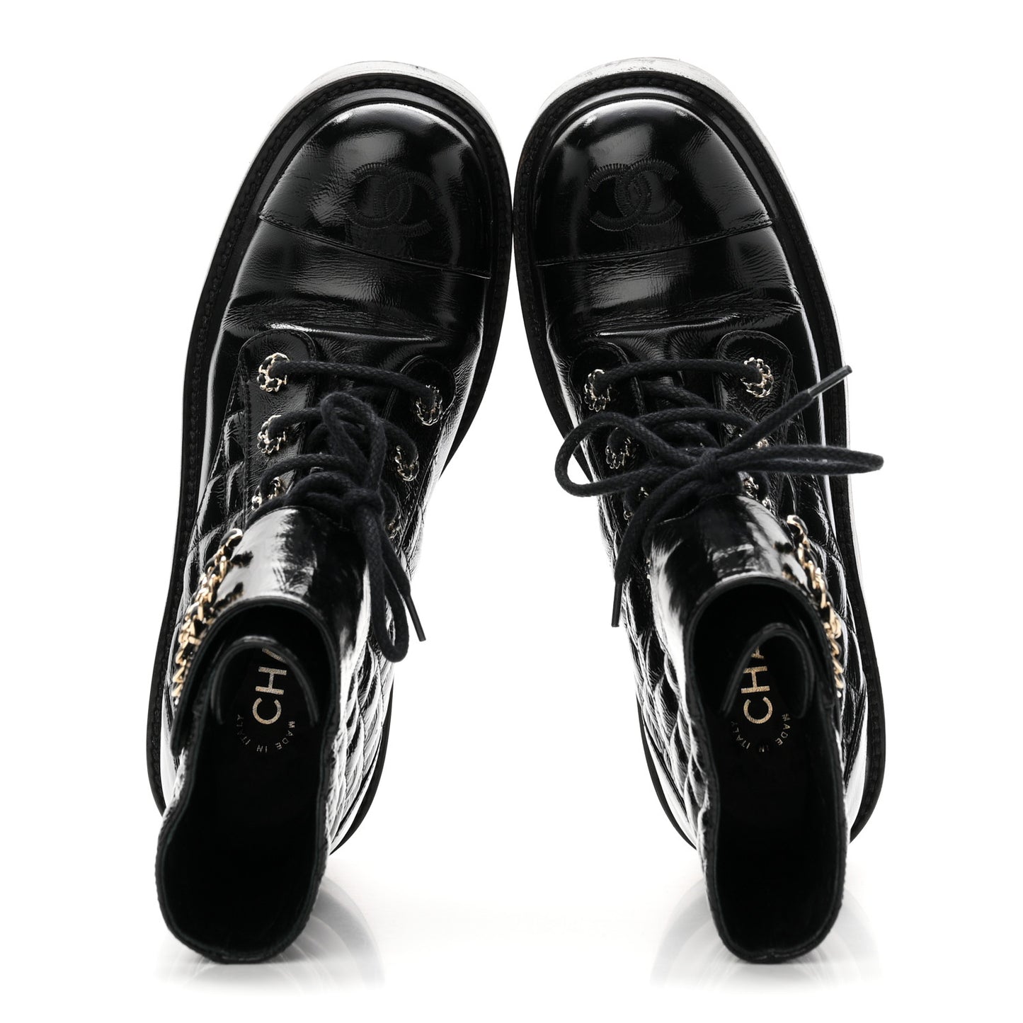Shiny Lambskin Quilted Lace Up Combat Boots 38 Black