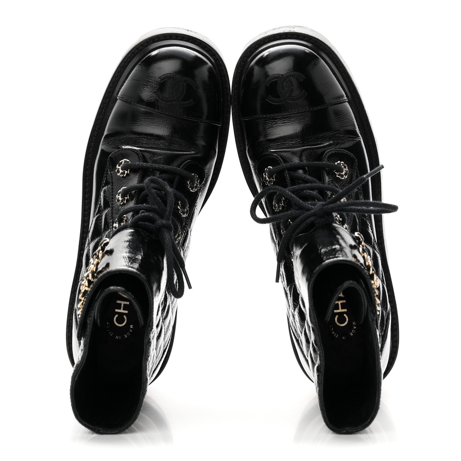 Chanel Shiny Lambskin Quilted Lace Up Combat Boots 38 Black 2 of 11