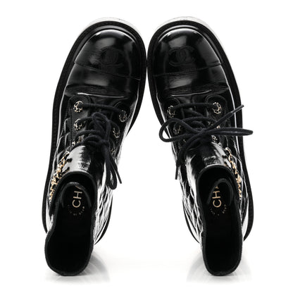 Chanel Shiny Lambskin Quilted Lace Up Combat Boots 38 Black 2 of 11