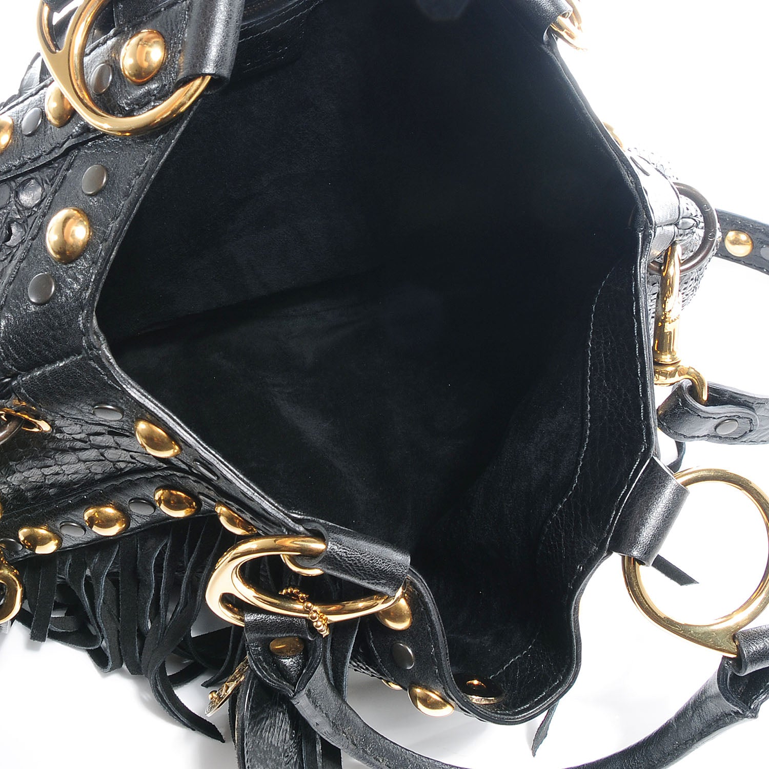 Gucci Leather Python Suede Fringe Babouska Tote Black 6 of 8