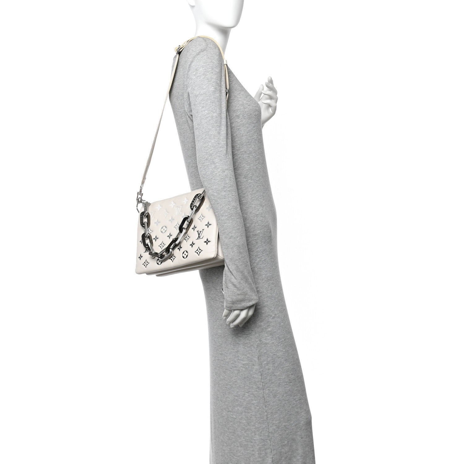 Louis Vuitton Lambskin Embossed Monogram Coussin PM Cream Grey 2 of 9