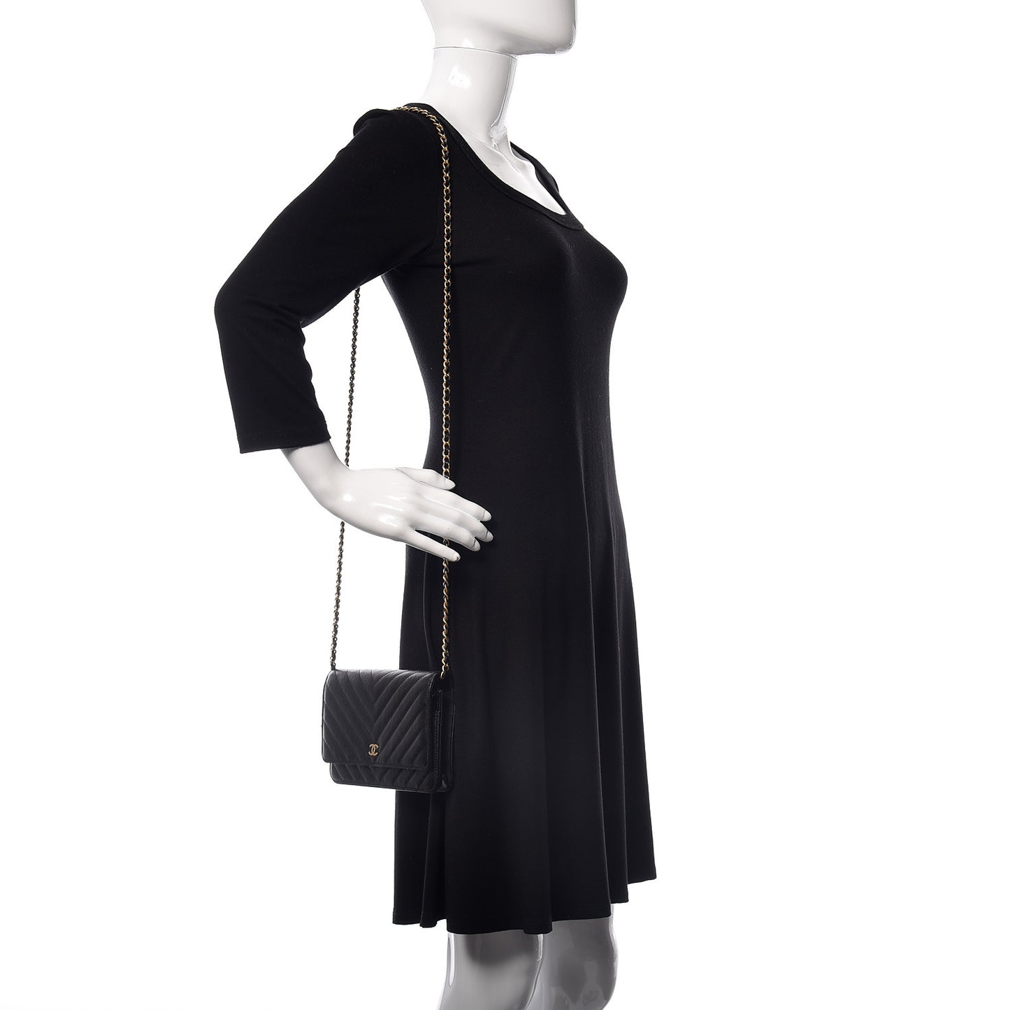 Crumpled Calfskin Chevron Quilted Wallet On Chain WOC Black