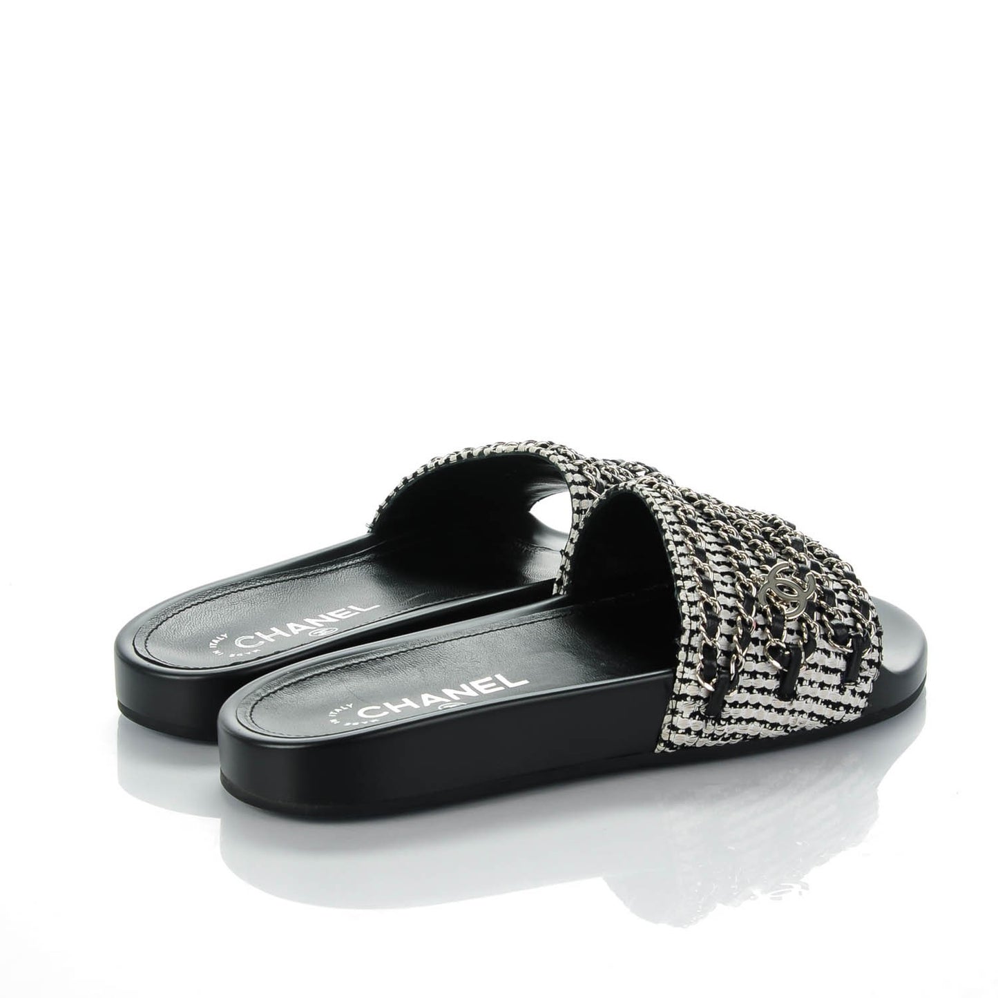 Tweed Lambskin Chain Flat Sandals 38 Black White