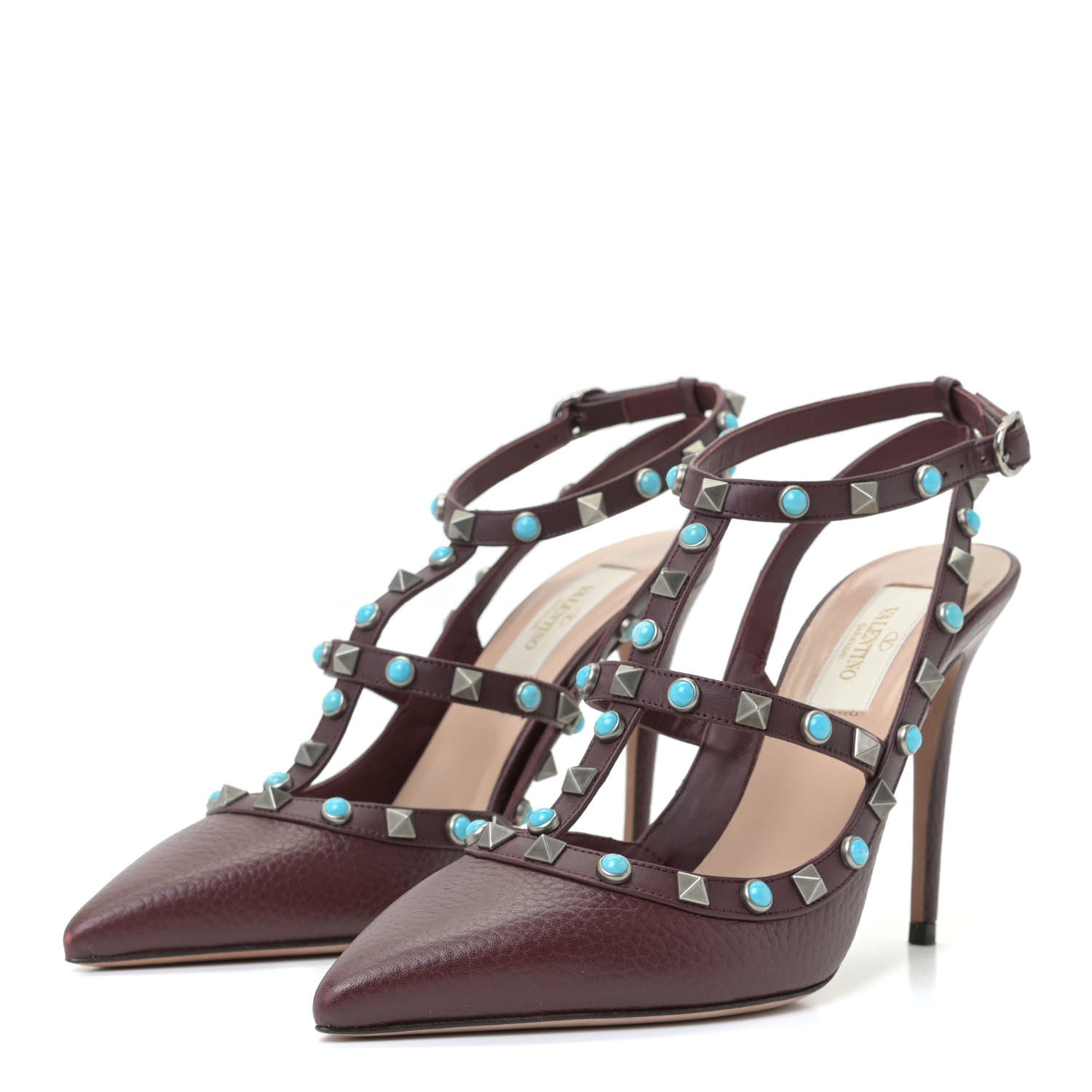 Valentino Garavani Pebbled Calfskin Turquoise Rockstud Rolling Ankle Strap 100mm Pumps 37.5 Rubin 3 of 12