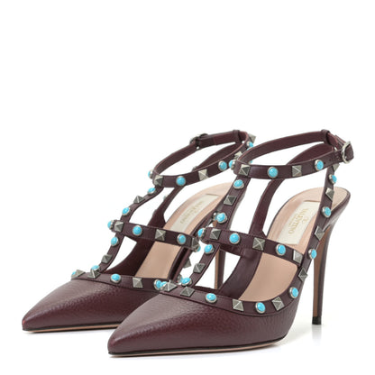 Valentino Garavani Pebbled Calfskin Turquoise Rockstud Rolling Ankle Strap 100mm Pumps 37.5 Rubin 3 of 12