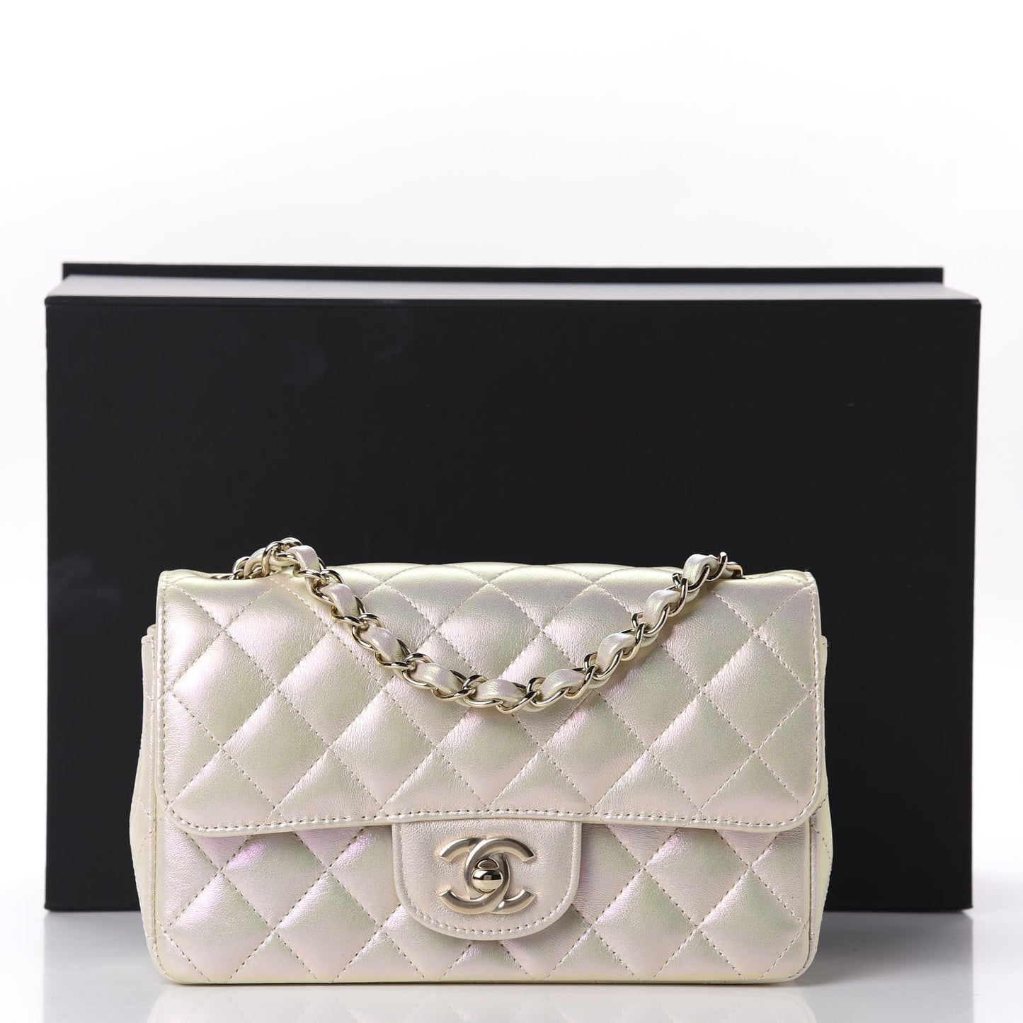Iridescent Lambskin Quilted Mini Rectangular Flap Ivory