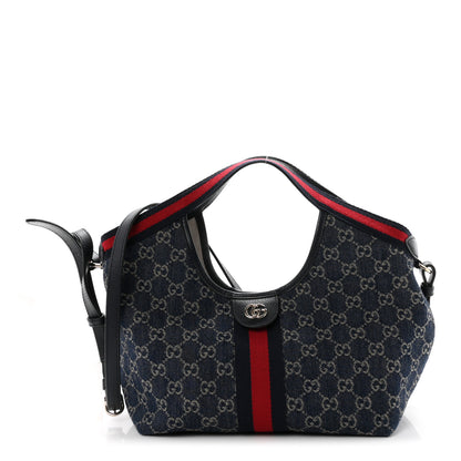 Gucci Denim GG Monogram Web Small Giglio Tote Blue White 1 of 11